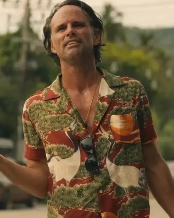 The White Lotus S03 Walton Goggins Crane-Printed Aloha Shirt The White Lotus S03 Walton Goggins Crane-Printed Aloha Shirt