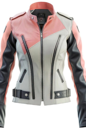 Women’s Ash Grey Pink Leather Bikers Jacket