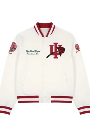 Get ready for the 2026 Rose Bowl with this exclusive Indiana Hoosiers White Varsity Jacket, blending style and team pride for every fan.