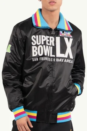 Super Bowl LX Black Satin Varsity Jacket